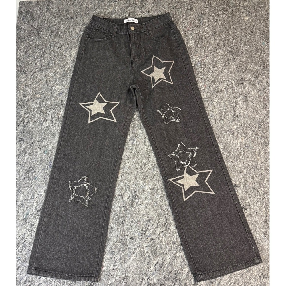 Lookin Sassy Black Star Print Distressed Straight Leg Jeans Womens Size M 26